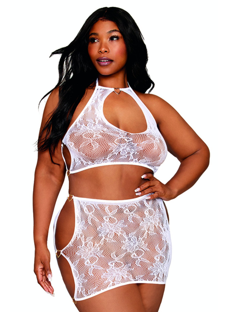 Ensemble 2 pièces grande taille top et jupe en résille fantaisie blanche - DG13309WHT
